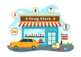 drogue boutique vecteur illustration avec magasin pour le vente de drogues, une pharmacien, médecine, capsules et bouteille dans soins de santé plat dessin animé Contexte
