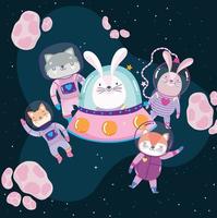 Lapin de l'espace dans l'ovni avec l'aventure des animaux astronautes explorer le dessin animé vecteur