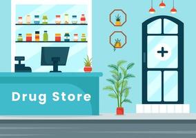 drogue boutique vecteur illustration avec magasin pour le vente de drogues, une pharmacien, médecine, capsules et bouteille dans soins de santé plat dessin animé Contexte