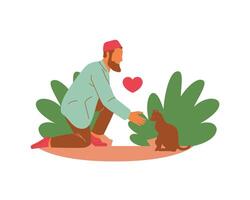 un arabe Jeune homme bénévole alimentation une chat et les plantes dans le parc scène vecteur illustration conception. animal favoriser et adoption concept conception.