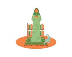 musulman femmes prier à nuit prières suivant à une chat dans le mois de Ramadan. modèle conception vecteur illustration