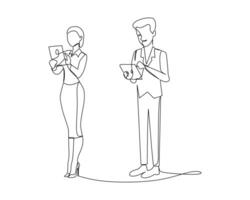 homme d'affaire et femme d'affaires supporter tandis que en portant tablette ordinateur vecteur