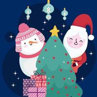 joyeux noël mignon père noël et bonhomme de neige avec des cadeaux d'arbre et décoration de boules vecteur