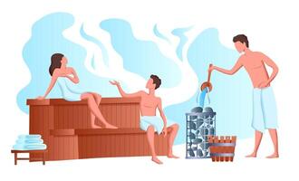 dessin animé Couleur personnages gens et sauna baignade concept. vecteur