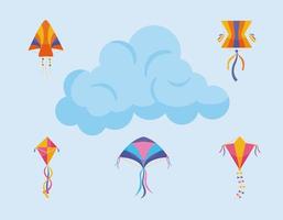 jeu d'icônes de cerfs-volants avec nuage vecteur