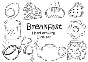 une collection d'illustrations de nourriture dessinées à la main sur le thème du petit-déjeuner vecteur