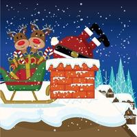 regarder renne santa sur le toit d'une maison avec son sac de jouets la veille de noël offrant des cadeaux vecteur