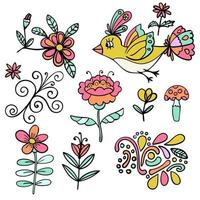 ensemble d'éléments floraux tropicaux abstraits, oiseau paradisiaque jaune, éléments de dessin animé. fleurs colorées. collection de doodle design isolé sur fond blanc. vecteur