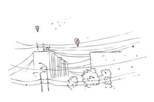 croquis de dessin à la main du paysage urbain avec des ballons volants. vecteur