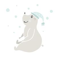 Illustration vectorielle dessinés à la main d&#39;un ours drôle drôle dans un chapeau, assis en plein air avec la neige. Design de style scandinave. Objets isolés sur fond blanc. Concept pour vêtements d&#39;enfants, imprimé de crèche vecteur