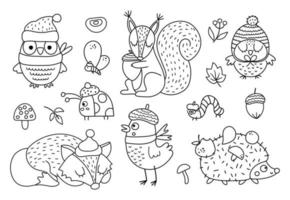 vector set d'animaux et d'insectes de la forêt d'automne noir et blanc. décrivez le hérisson, l'écureuil, le renard, le hibou dans des chapeaux et des écharpes. collection de personnages d'automne ou d'action de grâces vectorielles. pack d'icônes de ligne boisée.