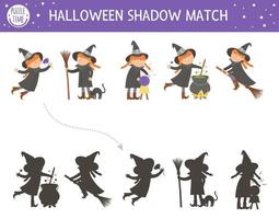 activité de correspondance d'ombre d'halloween pour les enfants. puzzle d'automne avec des sorcières. jeu éducatif pour les enfants avec des personnages effrayants. trouvez la bonne feuille de travail imprimable pour la silhouette. vecteur