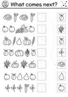 que ce passe t-il après. activité en noir et blanc assortie pour les enfants avec des fruits et légumes d'automne. puzzle de chute de ligne. feuille de calcul logique avec récolte. Thanksgiving continue le jeu de rangée. vecteur