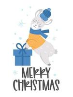 vecteur de lama en bonnet, écharpe et pull avec cadeau et flocons de neige. illustration animale d'hiver mignon. conception de carte de Noël drôle. impression du nouvel an avec un personnage souriant