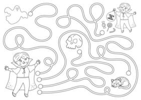 labyrinthe noir et blanc d'halloween pour les enfants. activité éducative imprimable d'automne préscolaire. jour drôle du jeu mort ou de la page à colorier. aidez le garçon à trouver les bonbons vecteur