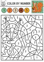 vecteur couleur de la forêt par activité de numéro avec écureuil et gland. jeu de comptage des bois d'automne avec un animal mignon. page de coloriage drôle d'automne ou de ferme pour les enfants.