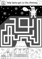 labyrinthe de noël noir et blanc pour les enfants. activité éducative imprimable préscolaire hiver nouvel an. jeu de vacances amusant ou page de coloriage avec le père noël mignon et la cheminée. vecteur