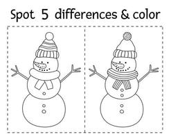 Noël trouve des différences et un jeu de couleurs pour les enfants. activité éducative d'hiver avec bonhomme de neige drôle. feuille de calcul imprimable avec personnage souriant. jolie page de coloriage du nouvel an pour les enfants vecteur