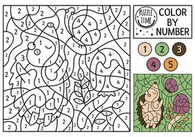 vecteur couleur de la forêt par activité de numéro avec hérisson, papillon et champignon. jeu de comptage des bois d'automne avec un animal mignon. page de coloriage nature automne drôle pour les enfants.