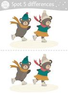 trouver le jeu des différences pour les enfants. activité éducative d'hiver avec des ours de patinage amusants. feuille de travail imprimable. puzzle de vacances de noël pour les enfants. feuille préscolaire du nouvel an vecteur