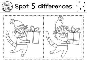 Noël trouve des différences et un jeu de couleurs pour les enfants. activité éducative d'hiver avec un raton laveur drôle et un cadeau. feuille de travail imprimable pour les enfants. jolie page de coloriage du nouvel an avec un animal et une boîte-cadeau vecteur
