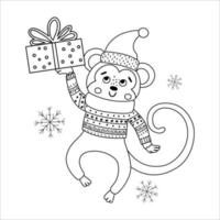 vecteur singe noir et blanc en bonnet et écharpe avec boîte-cadeau et flocons de neige. illustration mignonne de ligne d'animal d'hiver avec le présent dans les mains. conception de carte de Noël drôle. modèle d'impression du nouvel an