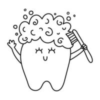 Dent kawaii noir et blanc se nettoyant avec une brosse à dents. icône de ligne de dents de vecteur. image de soins dentaires drôle pour les enfants. dentiste bébé clinique clipart ou coloriage avec concept d'hygiène buccale vecteur