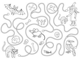 labyrinthe noir et blanc d'halloween pour les enfants. activité éducative imprimable d'automne préscolaire. jour amusant du jeu mort ou puzzle avec chaton noir, chauve-souris, souris. aider le chat à atteindre la sorcière vecteur