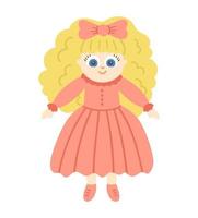 poupée de vecteur isolé sur fond blanc. jolie fille aux cheveux blonds en robe rose illustration pour les enfants. personnage souriant drôle pour les enfants