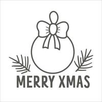 Boule de Noël noir et blanc de vecteur avec des brindilles d'arc et de sapin isolés sur fond blanc. illustration drôle mignonne du symbole du nouvel an. icône de ligne de décoration d'arbre de Noël.