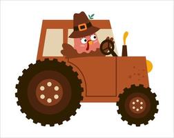 vecteur dinde de thanksgiving en chapeau de pèlerin. icône d'oiseau d'automne. Tracteur de conduite d'animaux de vacances d'automne isolé sur fond blanc. concept de récolte de récolte