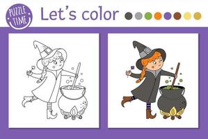 coloriage d'halloween pour les enfants. jolie sorcière drôle avec chaudron. illustration vectorielle de contour de vacances d'automne. tour ou régal livre de couleurs pour les enfants avec un exemple coloré vecteur