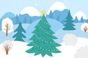 fond de forêt d'hiver de vecteur avec des arbres, de la neige, des montagnes. scène de Noël boisée drôle avec. illustration de paysage plat de nouvel an pour les enfants.