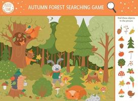 jeu de recherche d'automne de vecteur avec de mignons animaux des bois. trouver des objets cachés dans la forêt. activité éducative simple et amusante à imprimer pour les enfants avec des champignons, des baies et des plantes