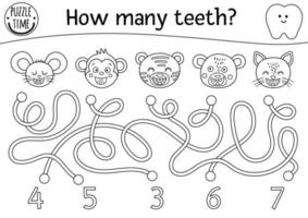 labyrinthe de soins dentaires noir et blanc pour les enfants. activité mathématique de contour préscolaire avec des animaux à pleines dents. puzzle de ligne drôle ou page de coloriage. compter labyrinthe pour les enfants. combien de dents vecteur