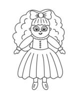 poupée de vecteur noir et blanc isolé sur fond blanc. illustration de fille de jouet mignon pour les enfants. icône de ligne drôle de personnage souriant pour les enfants