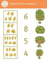 jeu d'association avec des feuilles et des arbres jaunes. activité mathématique d'automne pour les enfants d'âge préscolaire. feuille de calcul de la saison d'automne. éducatif imprimable avec des éléments amusants mignons pour les enfants vecteur