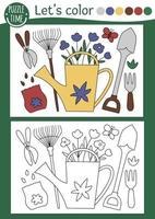 Coloriage de jardin pour enfants avec arrosoir et outils de jardinage. illustration vectorielle de contour de printemps. livre de couleurs pour les enfants avec exemple coloré. feuille de travail imprimable de compétence de dessin vecteur