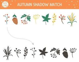 activité de correspondance d'ombre d'automne pour les enfants. puzzle de la saison d'automne avec des plantes mignonnes. jeu éducatif simple pour les enfants avec des feuilles, des baies, des cônes. trouvez la bonne feuille de travail imprimable pour la silhouette. vecteur