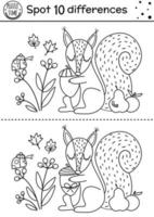 trouver des différences jeu de ligne pour les enfants. activité éducative de forêt d'automne en noir et blanc avec écureuil et gland. feuille de calcul imprimable avec un animal mignon. casse-tête des bois. page de coloriage préscolaire d'automne vecteur