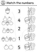 Faites correspondre le jeu de nombres en noir et blanc avec un écureuil et une corbeille de fruits. ferme de ligne d'automne ou activité mathématique de forêt avec un animal mignon. feuille de calcul éducative imprimable pour les enfants vecteur