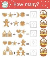 jeu de comptage de noël avec des biscuits au pain d'épice. activité hivernale pour les enfants d'âge préscolaire. feuille de calcul mathématique imprimable éducative du nouvel an avec des éléments alimentaires traditionnels pour les enfants vecteur