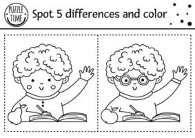 retour à l'école trouver un jeu de différences pour les enfants. activité éducative en noir et blanc et page de coloriage avec un écolier. feuille de calcul imprimable d'automne avec un élève mignon. vecteur