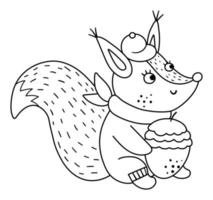adorable écureuil noir et blanc avec un gland avec une casquette et une écharpe. caractère d'automne de contour vectoriel isolé sur fond blanc. icône d'animal forestier de ligne de saison d'automne. illustration de forêt drôle.