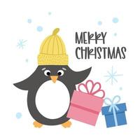 pingouin de vecteur au chapeau avec des cadeaux et des flocons de neige. illustration d'oiseau d'hiver mignon. conception de carte de Noël drôle. impression du nouvel an avec un personnage souriant