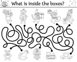 labyrinthe de noël noir et blanc pour les enfants. activité éducative imprimable préscolaire hiver nouvel an. jeu de vacances amusant ou page de coloriage avec des animaux mignons, des cadeaux et des jouets. ce qu'il y a dans la boite vecteur