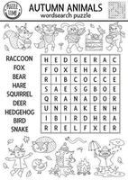 vecteur noir et blanc automne wordsearch puzzle pour les enfants. mots croisés simples avec des animaux de la forêt d'automne pour les enfants. activité de mot-clé éducatif en ligne avec de jolis personnages des bois