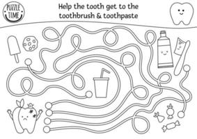 labyrinthe de soins dentaires noir et blanc pour les enfants. activité de contour médical préscolaire. jeu de puzzle amusant ou page de coloriage. aidez les dents malades à accéder à la brosse à dents et au dentifrice. labyrinthe d'hygiène buccale vecteur