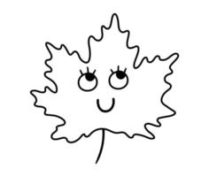 Vector illustration de feuille d'érable kawaii noir et blanc. contour retour à l'école clipart éducatif. plante souriante de style ligne mignonne avec des yeux. image de contour amusante pour les enfants