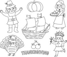 jeu de caractères de Thanksgiving en noir et blanc. collection d'icônes de ligne d'automne vectorielle avec pèlerins, indiens indigènes, bateau, turquie, citrouille. collection ou coloriage de vacances d'automne de contour mignon vecteur